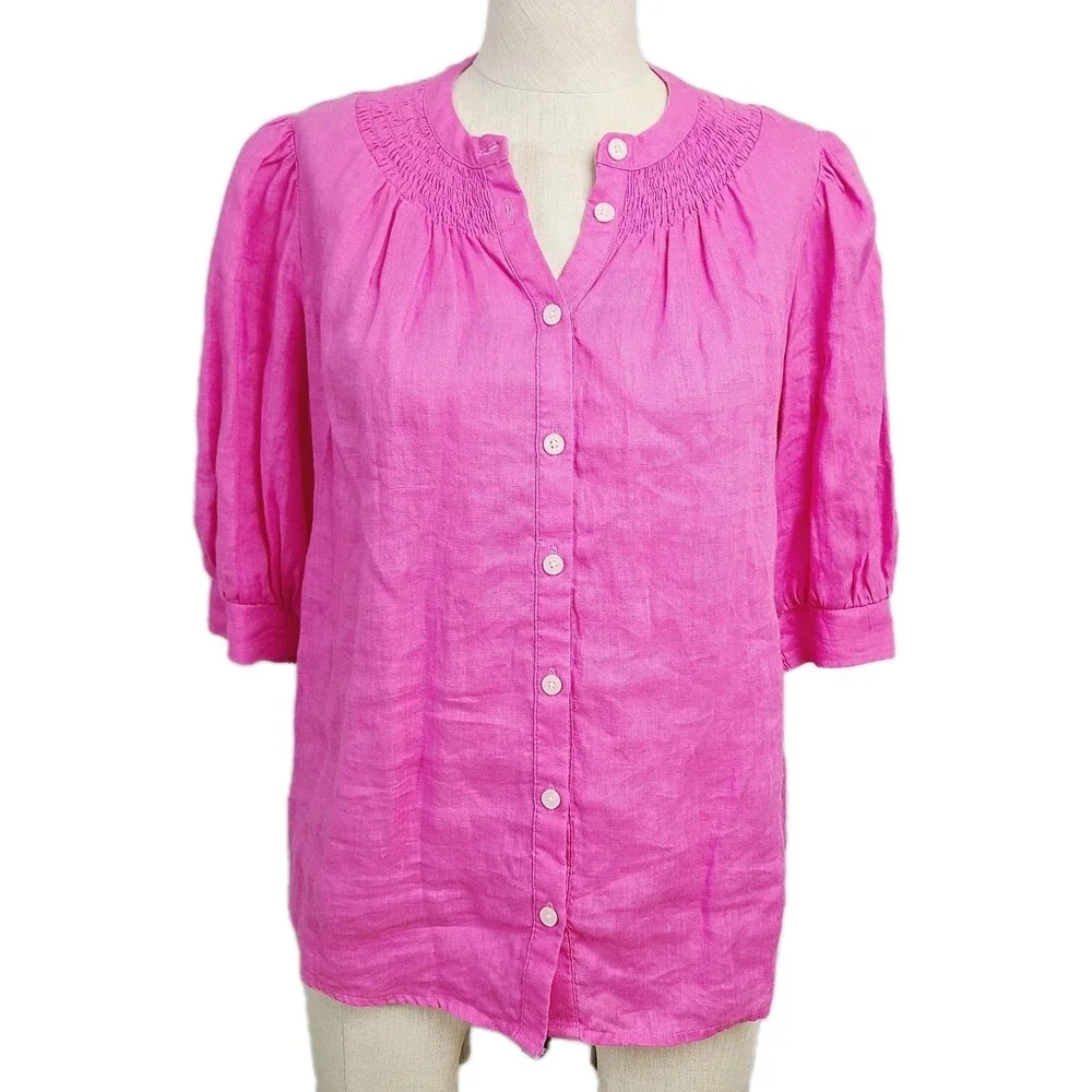 Boden Bright Pink Linen Smocked Button Front Puff Sleeve Blouse Top UK6 US2